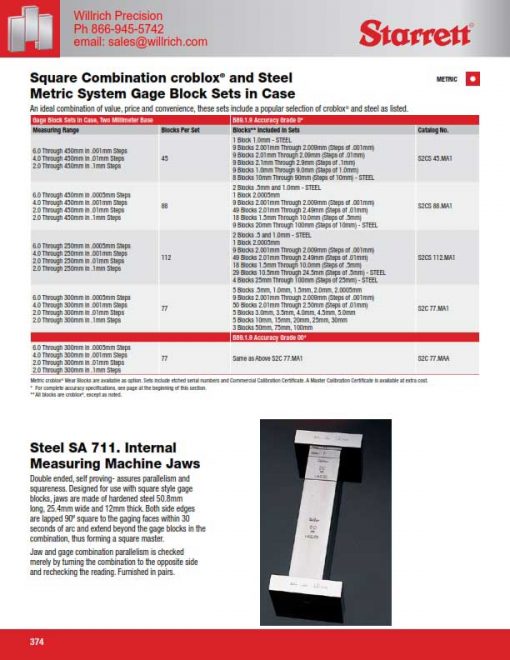 Starrett Webber Square Inch Gage Block Sets Willrich Precision