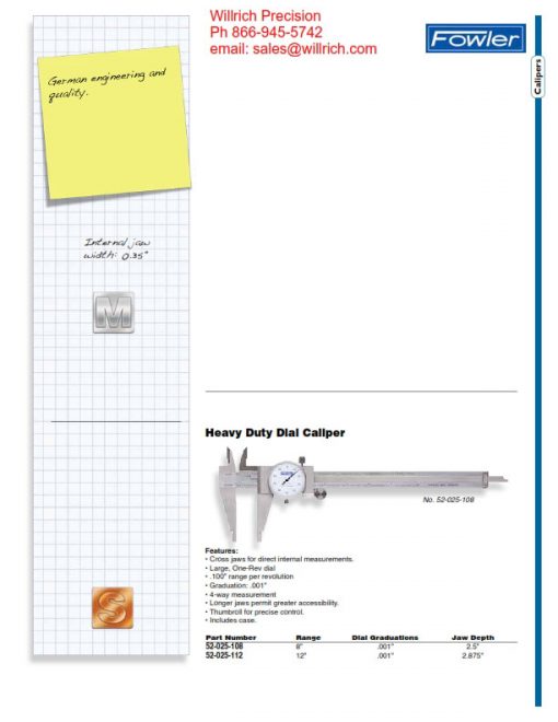 Fowler Heavy Duty Dial Caliper Willrich Precision Instruments
