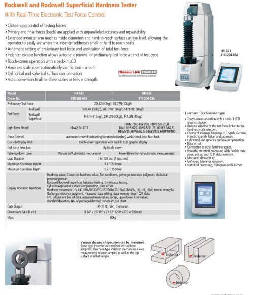 Mitutoyo HR521/523 Series 810 Digital Rockwell Type Hardness Testing