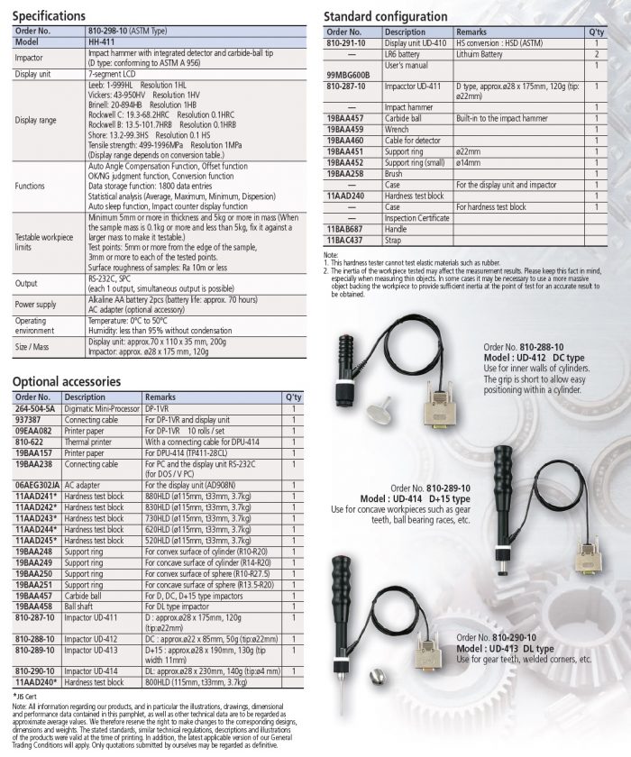 Mitutoyo Hardmatic HH411 Series 810Impact Type Hardness Testing Unit