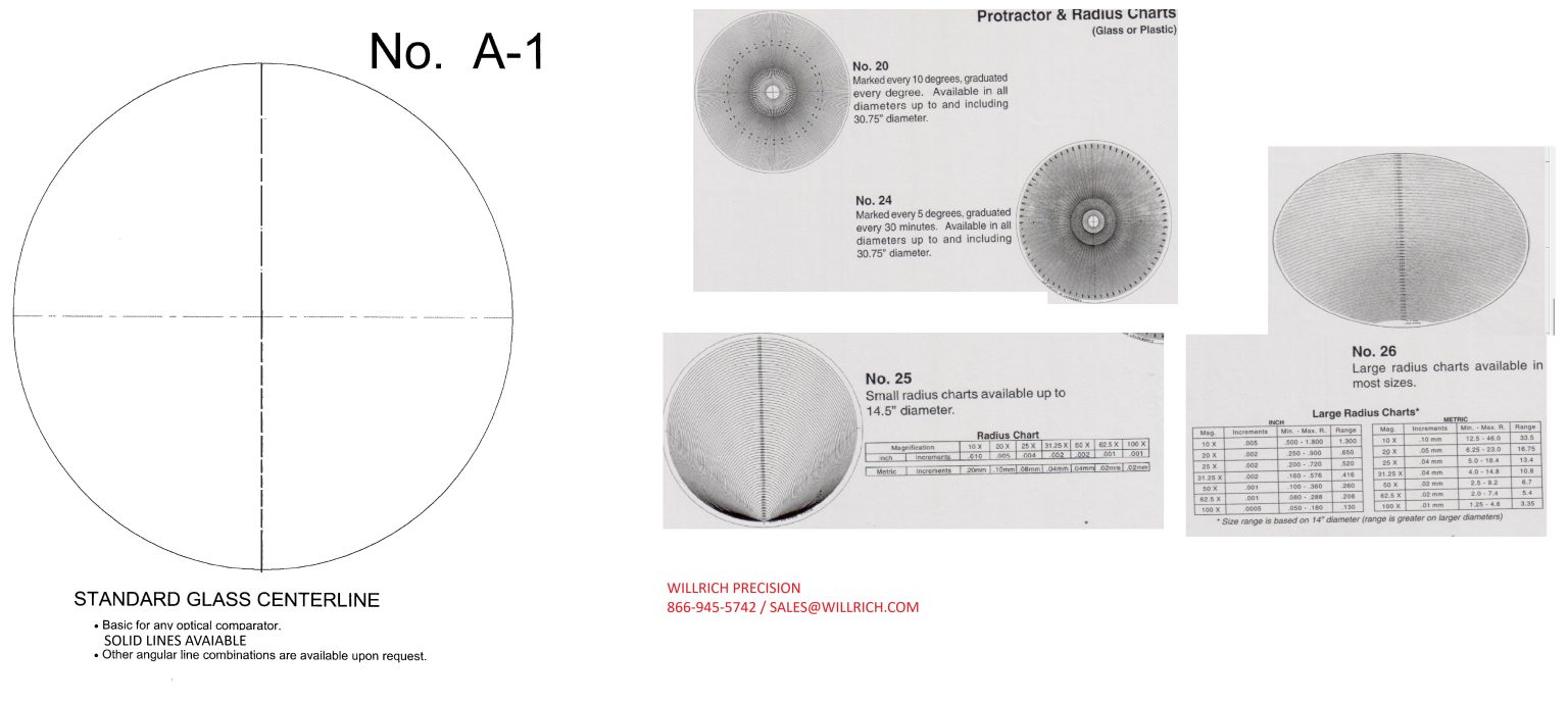 Optical Comparator Glass Charts, Plastic Overlays and Mylar Overlays