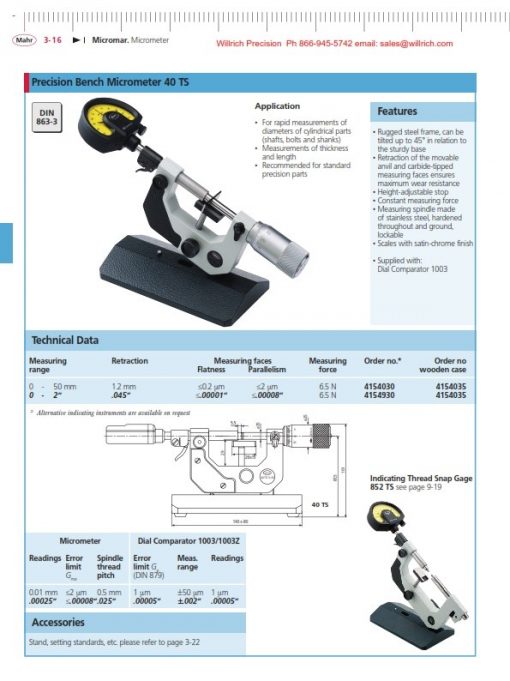 Mahr Micromar Precision Bench Micrometer 40 TS & 40 TSZ | Willrich ...