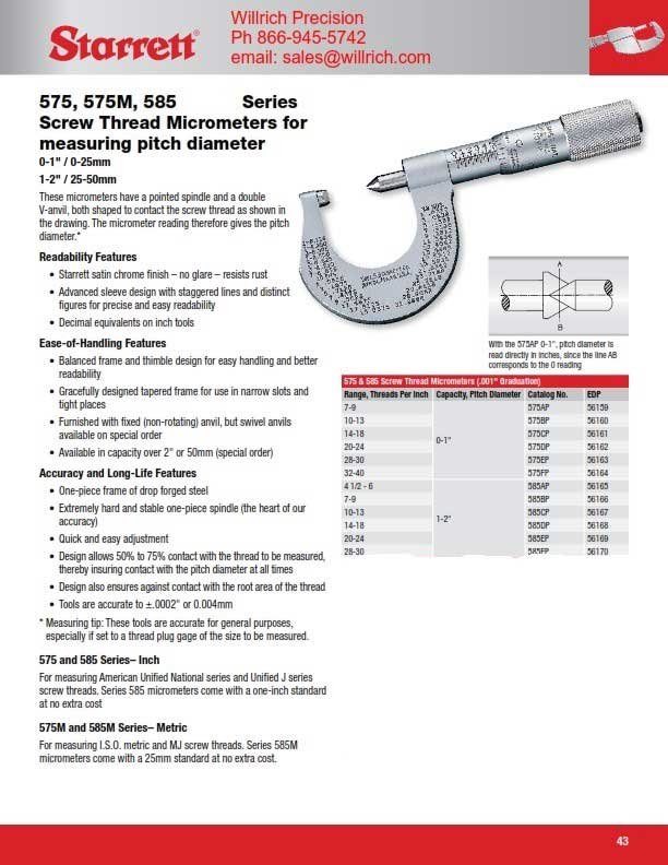 Starrett 575 & 585 Screw Thread Micrometers | Willrich Precision Instruments