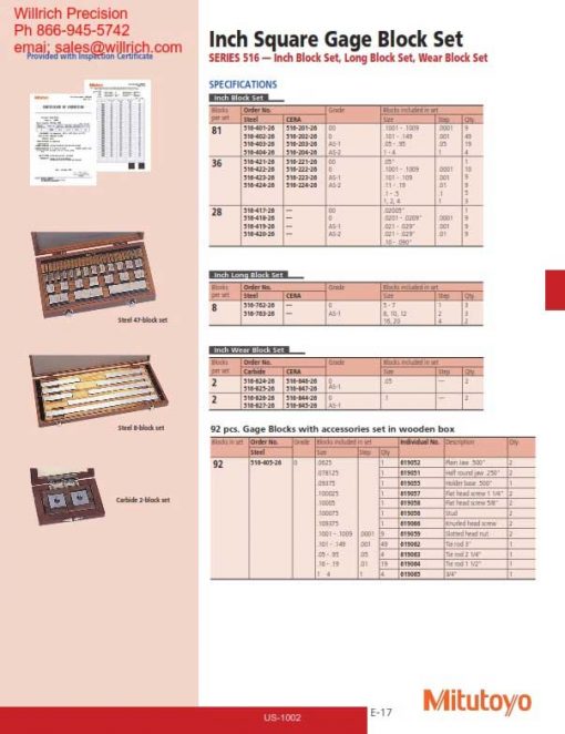 Mitutoyo Square Ceramic Gage Block Sets Inch Willrich Precision