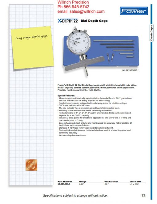 Fowler Depth Gage XDEPTH 22 022″ (521250061) Willrich Precision