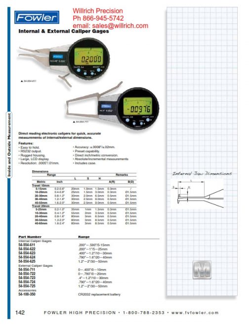 Fowler Internal Electronic Caliper Gage Willrich Precision Instruments
