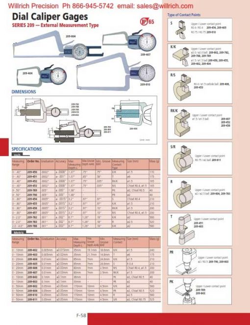 Mitutoyo Dial Caliper Gages External Type Series 209 Willrich Precision Instruments