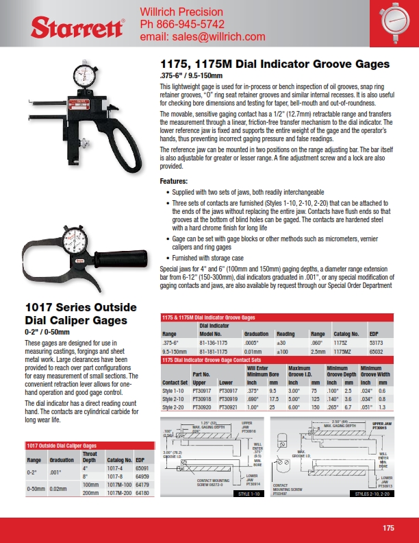 Starrett Dial Indicator Groove Gage 1175 Series Willrich Precision